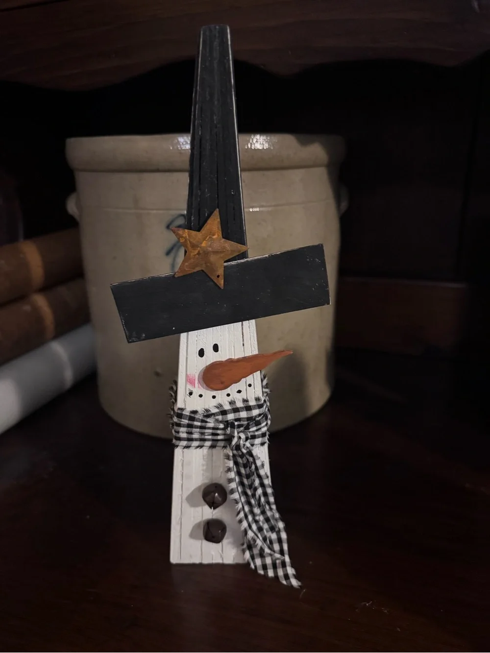 Handcrafted Holiday Wooden Shim Snowman Black & White (#2) Farmhouse Rustic